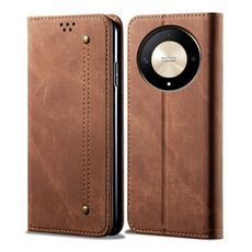 Custodia per telefono in pelle flip con texture denim per Honor Magic6 Lite / X9b 5G (marrone)