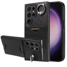 Per Samsung Galaxy S24 Ultra 5G Custodia per telefono con anello per slot per scheda di vitello (nero)