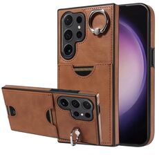 Per Samsung Galaxy S24 Ultra 5G Custodia per telefono con anello per slot per schede in vitello (marrone)