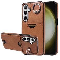 Per Samsung Galaxy S24+ 5G Custodia per telefono con anello per slot per schede in vitello (marrone)
