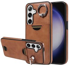 Per Samsung Galaxy S24 5G Custodia per telefono con anello per slot per scheda di vitello (marrone)