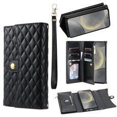 Custodia per telefono in pelle rombica con portafoglio multi-scheda con cerniera per Samsung Galaxy S24+ 5G (nera)