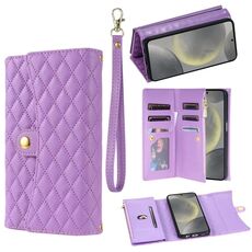 Custodia per telefono in pelle rombica con portafoglio multi-scheda con cerniera per Samsung Galaxy S22+ 5G (viola)