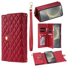 Custodia per telefono in pelle rombica con cerniera multi-card per Samsung Galaxy S22+ 5G (rossa)