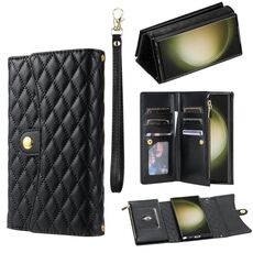 Custodia per telefono in pelle rombica con cerniera multi-card per Samsung Galaxy S21 Ultra 5G (nera)