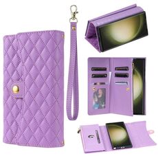 Custodia per telefono in pelle rombica con cerniera multi-card per Samsung Galaxy S21 Ultra 5G (viola)