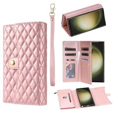 Custodia per telefono in pelle rombica con cerniera multi-card per Samsung Galaxy S21 Ultra 5G (oro rosa)
