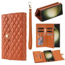 Custodia per telefono in pelle rombica con cerniera multi-card per Samsung Galaxy S21 Ultra 5G (marrone)