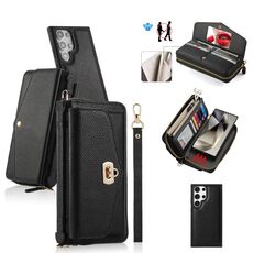 Per Samsung Galaxy S24 5G Custodia a tracolla multifunzionale con cerniera Portafoglio in pelle Litchi (Nero)