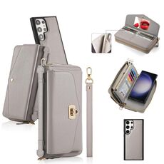 Per Samsung Galaxy S23+ 5G Custodia a tracolla multifunzionale con cerniera Portafoglio in pelle Litchi (Grigio)