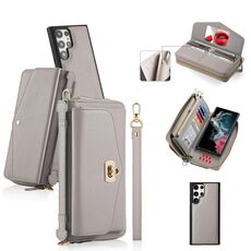 Per Samsung Galaxy S22 5G Custodia a tracolla multifunzionale con cerniera Portafoglio in pelle Litchi (Grigio)