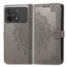Per Xiaomi Redmi K70 Custodia per telefono in pelle con motivo floreale mandala in rilievo (grigio)