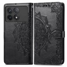 Per Xiaomi Redmi K70 Custodia per telefono in pelle con motivo floreale mandala in rilievo (nera)
