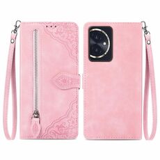 Custodia per telefono in pelle con cerniera fiore goffrato per Honor 100 (rosa)