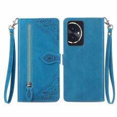 Custodia per telefono in pelle con cerniera fiore goffrato per Honor 100 (blu)