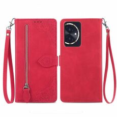 Custodia per telefono in pelle con cerniera fiore goffrato per Honor 100 (rossa)