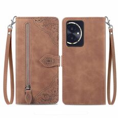 Custodia per telefono in pelle con cerniera fiore goffrato per Honor 100 (marrone)