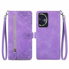 Custodia per telefono in pelle con cerniera fiore goffrato per Honor 100 (viola)