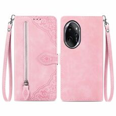 Custodia per telefono in pelle con cerniera fiore goffrato per Honor 100 Pro (rosa)