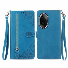 Custodia per telefono in pelle con cerniera fiore goffrato per Honor 100 Pro (blu)