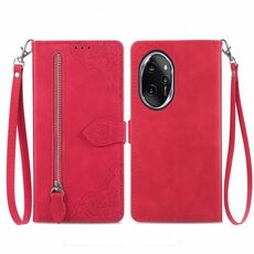 Custodia per telefono in pelle con cerniera fiore goffrato per Honor 100 Pro (rossa)