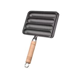 Padella antiaderente per salsicce a 4 griglie in ghisa con manico in legno (KC-04)