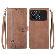Custodia per telefono in pelle con cerniera fiore in rilievo Xiaomi Redmi K70 Pro (marrone)