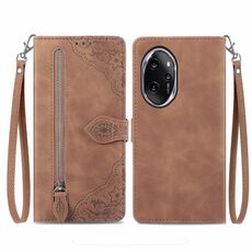 Custodia per telefono in pelle con cerniera fiore goffrato per Honor 100 Pro (marrone)