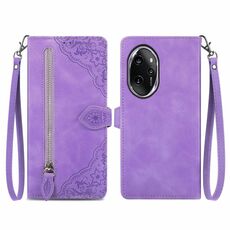 Custodia per telefono in pelle con cerniera fiore in rilievo per Honor 100 Pro (viola)