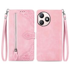Custodia per telefono in pelle con cerniera fiore goffrato per Honor X50i+ (rosa)