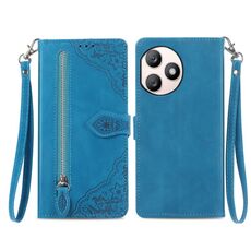 Custodia per telefono in pelle con cerniera fiore in rilievo per Honor X50i+ (blu)
