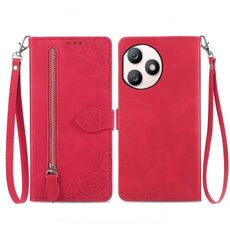 Custodia per telefono in pelle con cerniera fiore goffrato per Honor X50i+ (rossa)