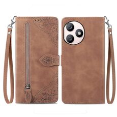 Custodia per telefono in pelle con cerniera fiore goffrato per Honor X50i+ (marrone)