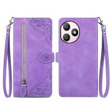 Custodia per telefono in pelle con cerniera fiore in rilievo per Honor X50i+ (viola)