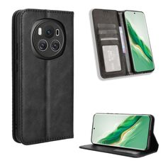 Custodia per telefono in pelle con texture retrò con fibbia magnetica per Honor Magic6 5G (nera)