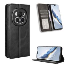 Custodia per telefono in pelle con texture retrò con fibbia magnetica per Honor Magic6 Pro 5G (nera)