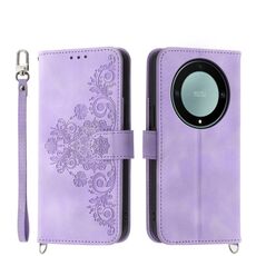Custodia per telefono in pelle a portafoglio con fiori in rilievo per Honor X9a (viola)
