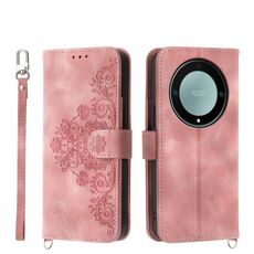 Custodia per telefono in pelle a portafoglio con fiori in rilievo per Honor X9a (rosa)