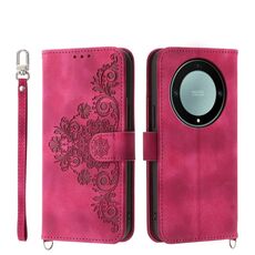 Custodia per telefono in pelle a portafoglio con fiori in rilievo per Honor X9a (vino rosso)