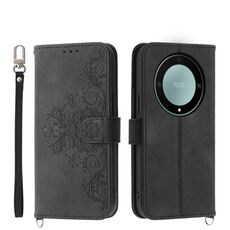 Custodia per telefono in pelle a portafoglio con fiori in rilievo per Honor X9a (nero)