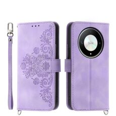 Custodia per telefono in pelle a portafoglio con fiori in rilievo per Honor X9b (viola)