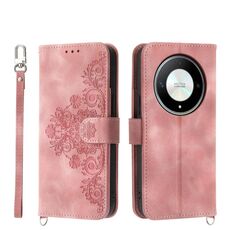 Custodia per telefono in pelle a portafoglio con fiori in rilievo per Honor X9b (rosa)
