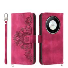 Custodia per telefono in pelle a portafoglio con fiori in rilievo per Honor X9b (vino rosso)