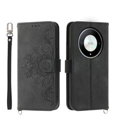 Custodia per cellulare in pelle a portafoglio con fiori in rilievo per Honor X9b (nera)