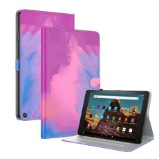 Custodia per tablet in pelle flip con motivo acquerello per Amazon Fire HD 10 2023 (viola rosso)