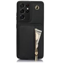 Per Samsung Galaxy S21 Ultra 5G YM006 Custodia per telefono con cerniera Skin Feel con doppio cordino (nero)