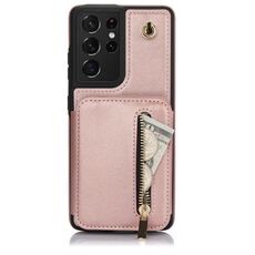 Per Samsung Galaxy S21 Ultra 5G YM006 Custodia per telefono con cerniera Skin Feel con doppio cordino (oro rosa)