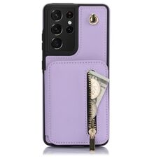 Per Samsung Galaxy S21 Ultra 5G YM006 Custodia per telefono con cerniera Skin Feel con doppio cordino (viola chiaro)