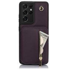 Per Samsung Galaxy S21 Ultra 5G YM006 Custodia per telefono con cerniera Skin Feel con doppio cordino (viola scuro)