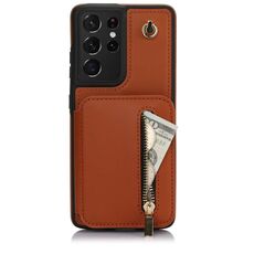 Per Samsung Galaxy S21 Ultra 5G YM006 Custodia per telefono con cerniera Skin Feel con doppio cordino (marrone)